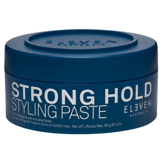 Blue styling paste jar with black lid, label reads Strong Hold Styling Paste, 85g.