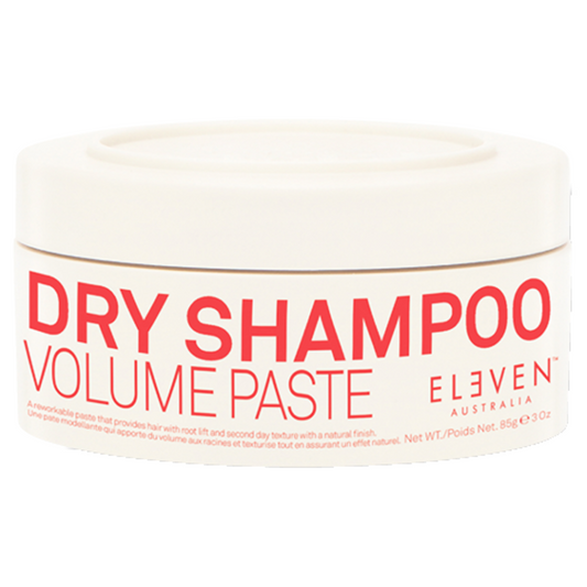 White dry shampoo volume paste jar with bold 'DRY SHAMPOO VOLUME PASTE' label