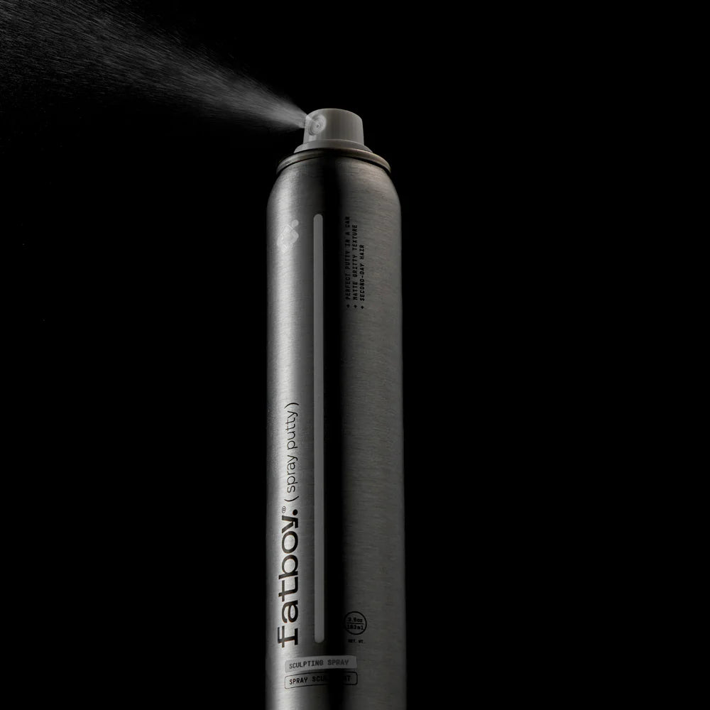 Spray putty can with white cap, mist spray stream from nozzle