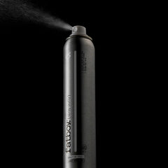 Spray putty can with white cap, mist spray stream from nozzle