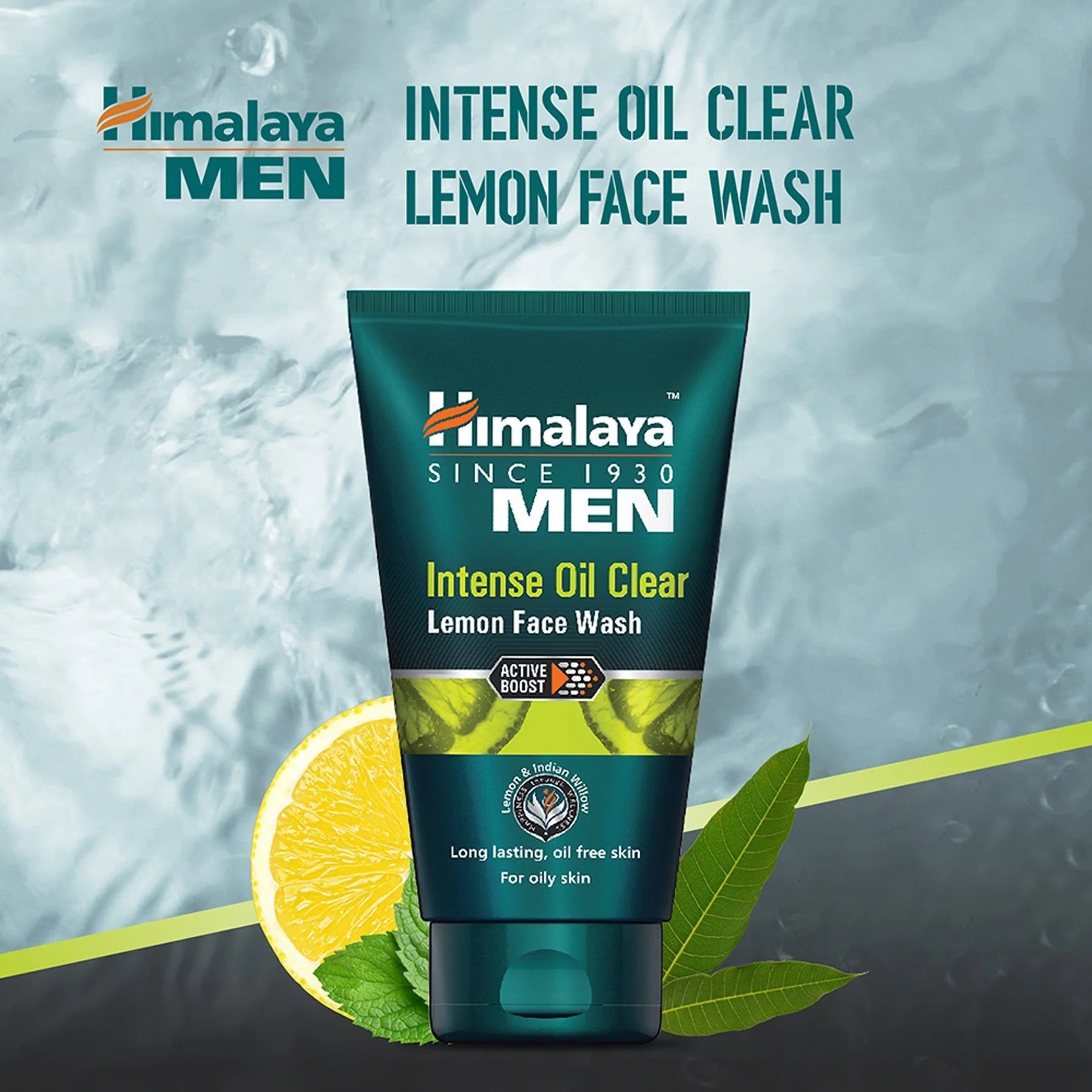 Himalaya Men intense oil clear lemon face wash tube, dark teal with green label
