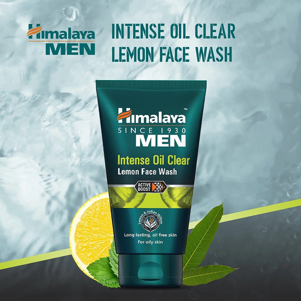 Himalaya Men intense oil clear lemon face wash tube, dark teal with green label