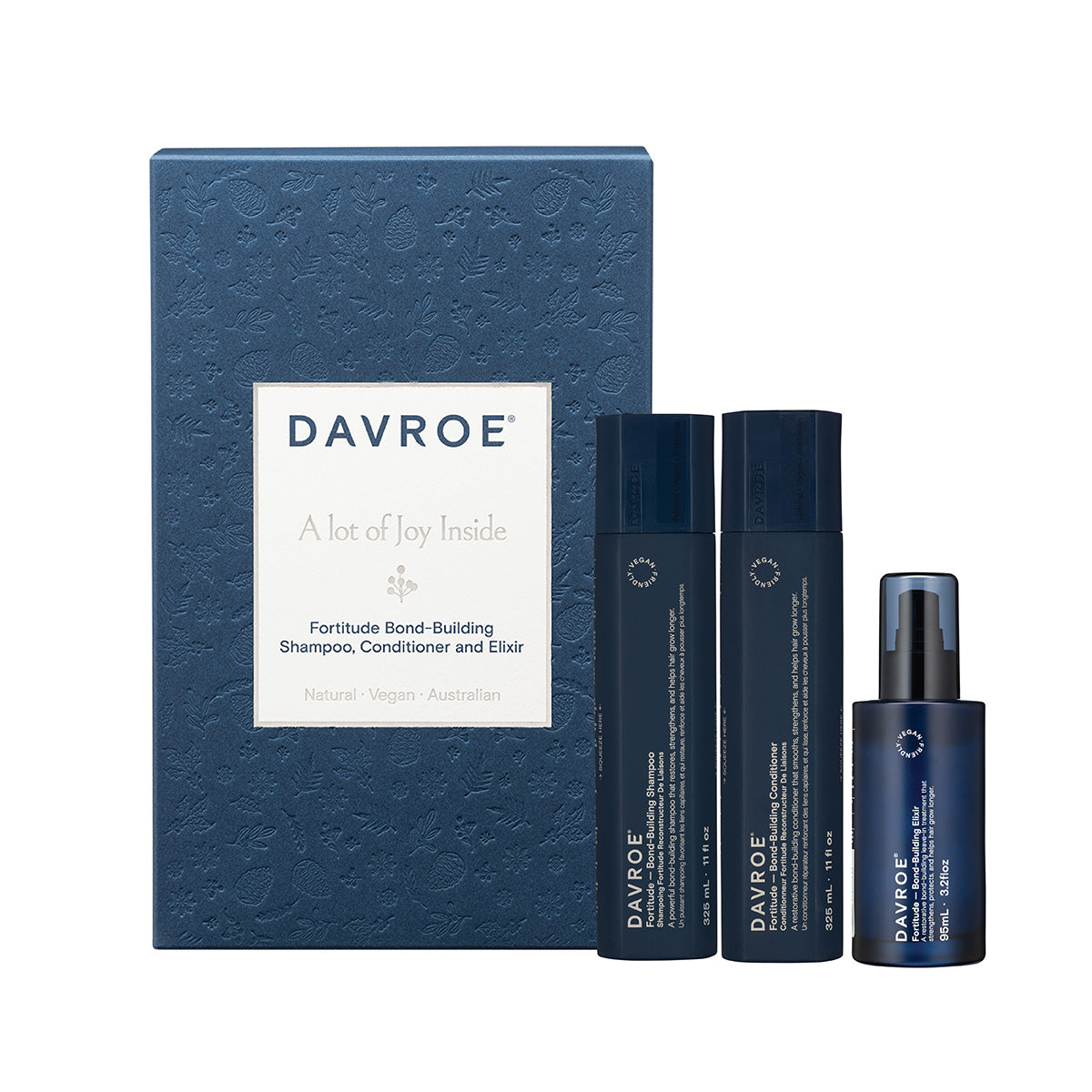 Davroe Fortitude Christmas trio pack with blue shampoo, conditioner and elixir bottles