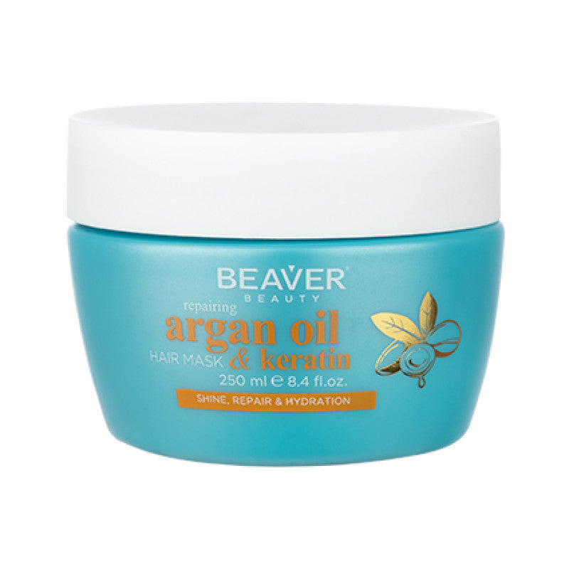 Beaver argan oil & keratin hair mask jar, teal label, white lid, 250 ml
