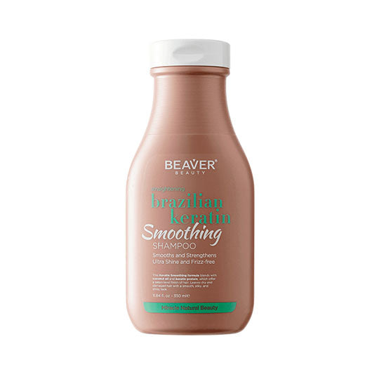 Beaver Beauty Brazilian Keratin smoothing shampoo bottle, tan with green label