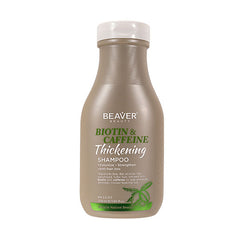 Shampoo bottle with beige body and white cap, Beaver Biotin & Caffeine label
