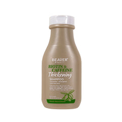 Shampoo bottle with white cap, beige label featuring green Biotin & Caffeine text