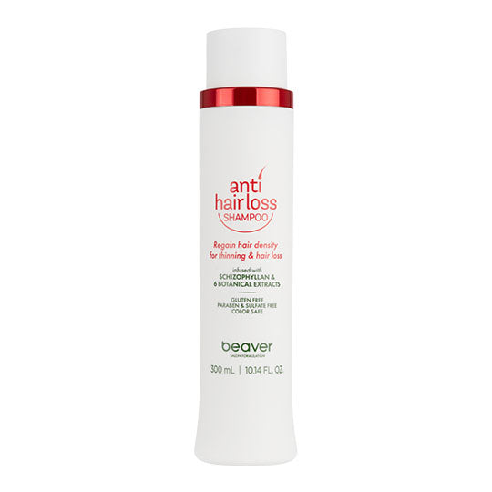 White anti-hair-loss shampoo bottle with red band and front label, 300 ml