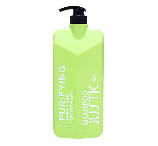 Green shampoo bottle with black pump dispenser, JUSTK Purifying Rosemary + Tea Tree