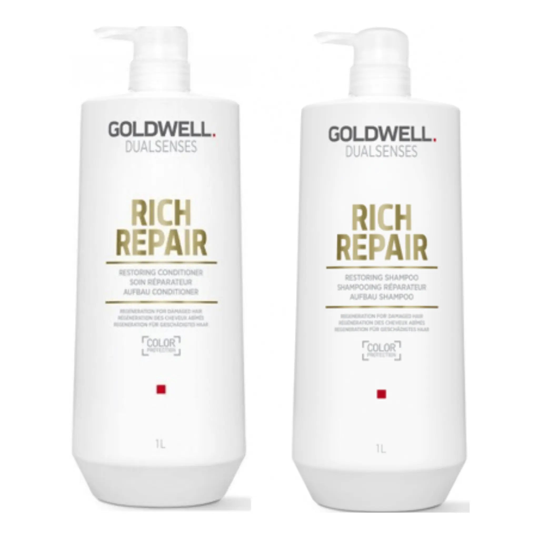 Goldwell Dualsenses Rich Repair bundle: 1L shampoo and conditioner bottles with pumps