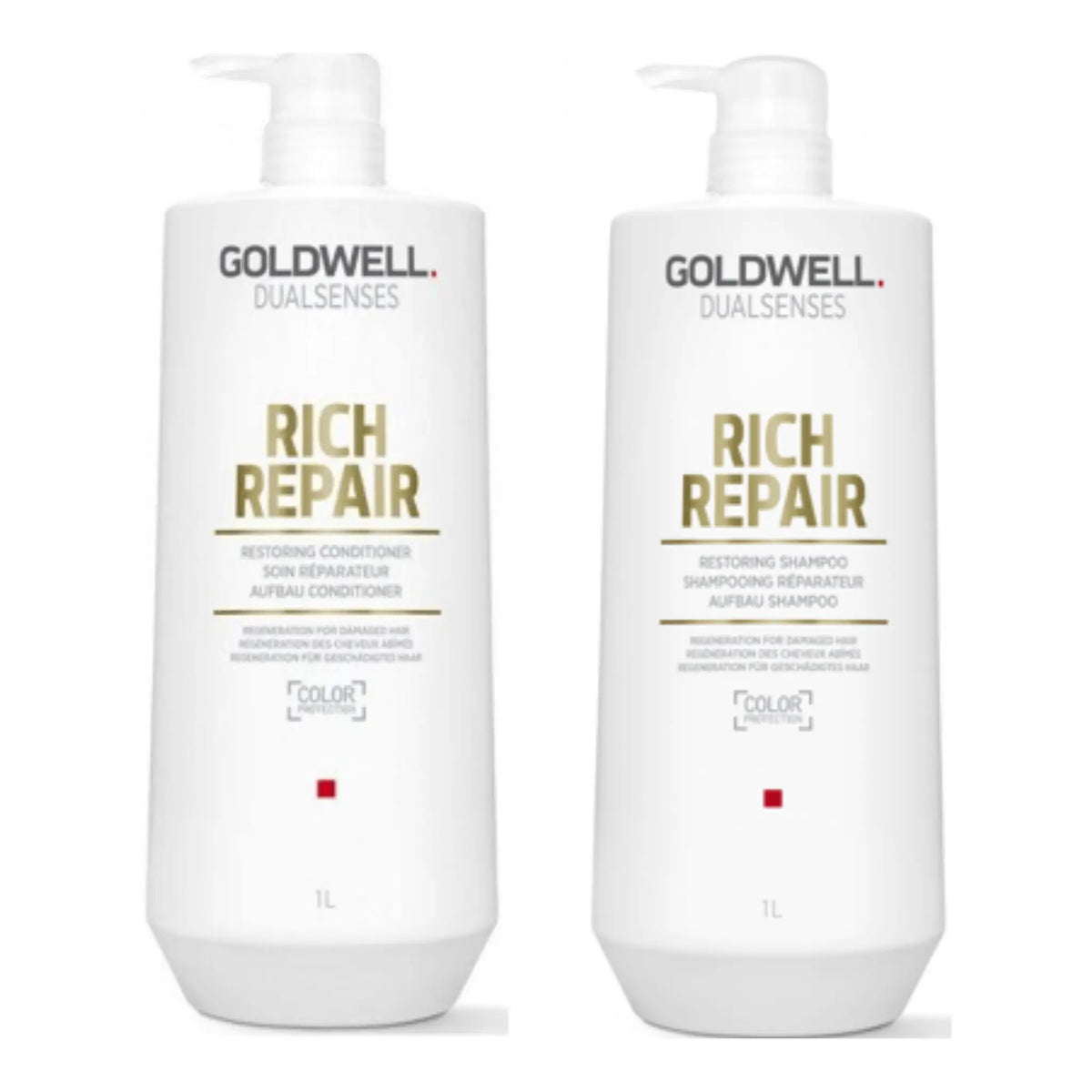 Goldwell Dualsenses Rich Repair bundle: 1L shampoo and conditioner bottles with pumps