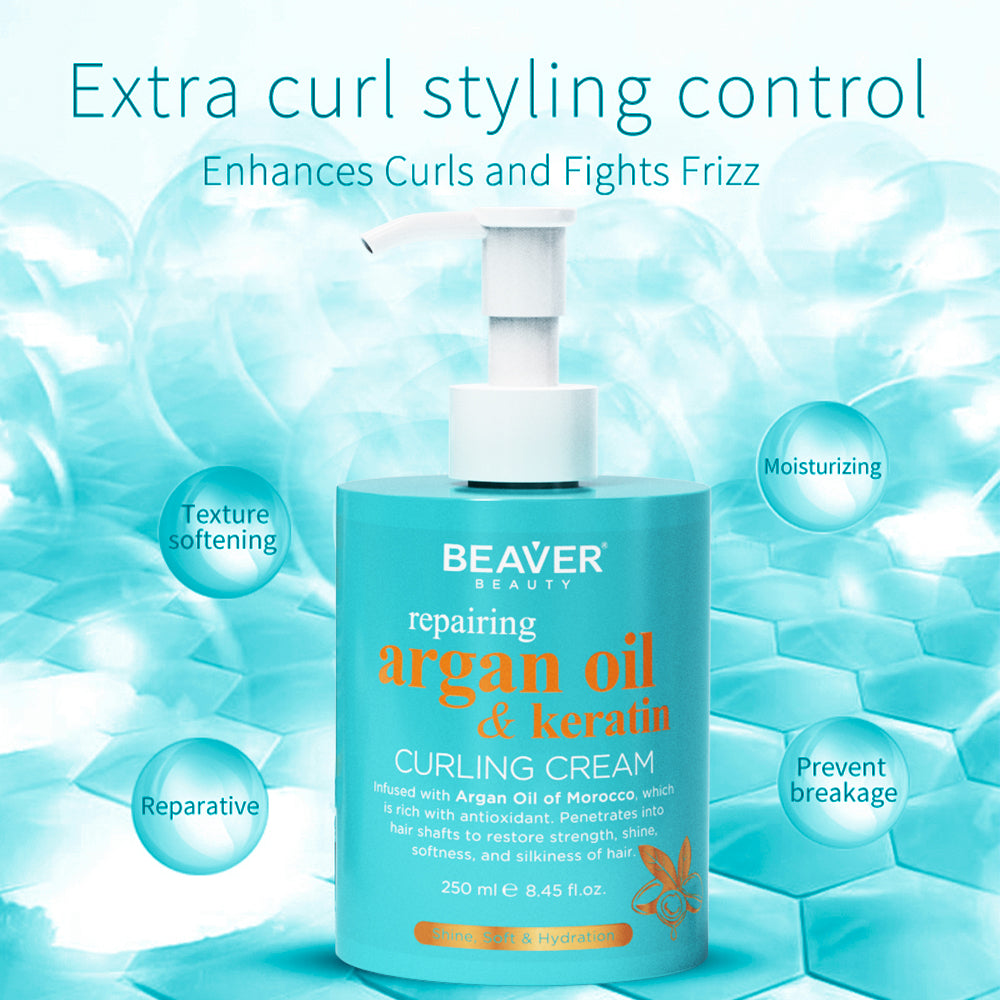 Beaver Argan oil & keratin curling cream pump bottle, teal, 250 ml, front view