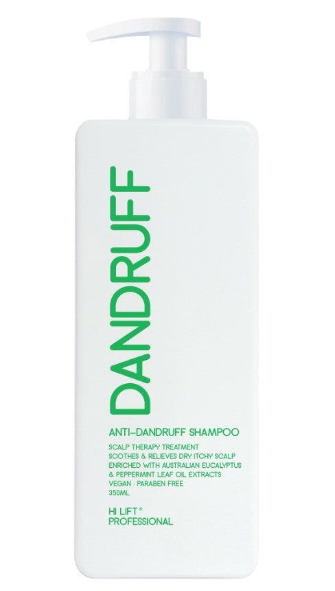 Anti-dandruff shampoo bottle with pump and green HL text on white label