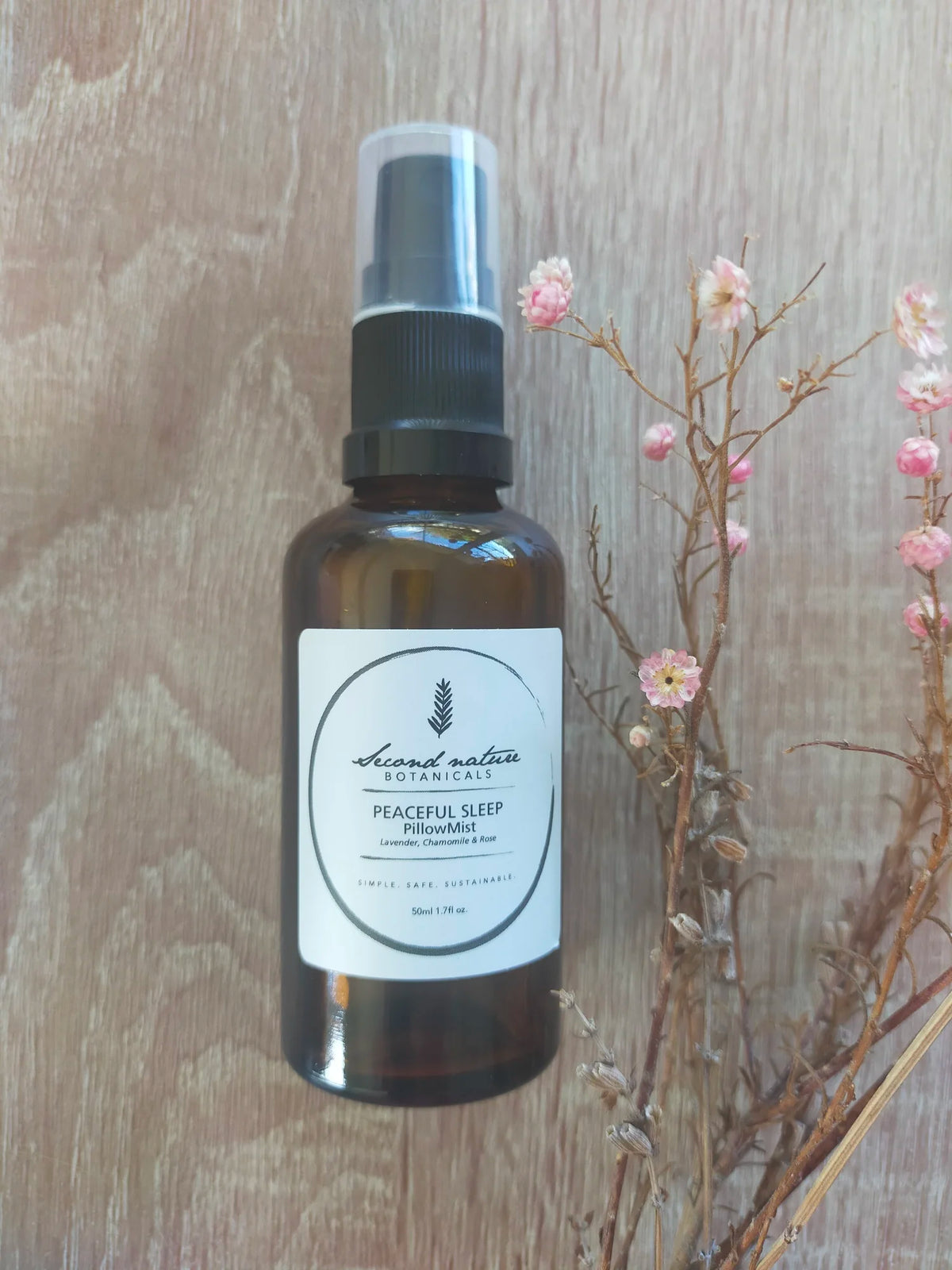 Second Nature Botanicals Peaceful Sleep room spray bottle in amber glass with pump