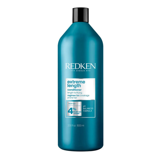 Redken Extreme Length Conditioner bottle, blue-green liquid, black cap, 1L