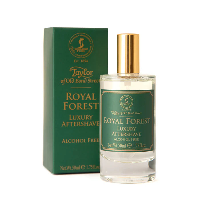 Alcohol-free aftershave lotion bottle with gold cap and green matching box, 50ml