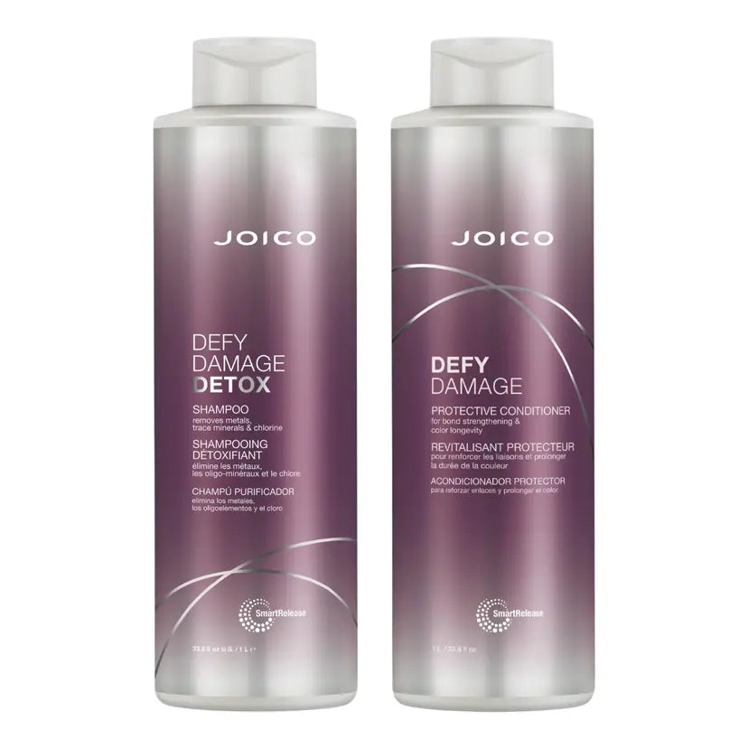 Joico Defy Damage duo bottles, purple gradient labels for shampoo and conditioner