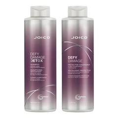 Joico Defy Damage duo bottles, purple gradient labels for shampoo and conditioner