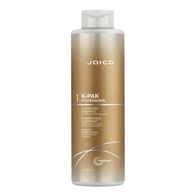 Joico K-PAK clarifying shampoo bottle, 1L, white cap, tan-gold label