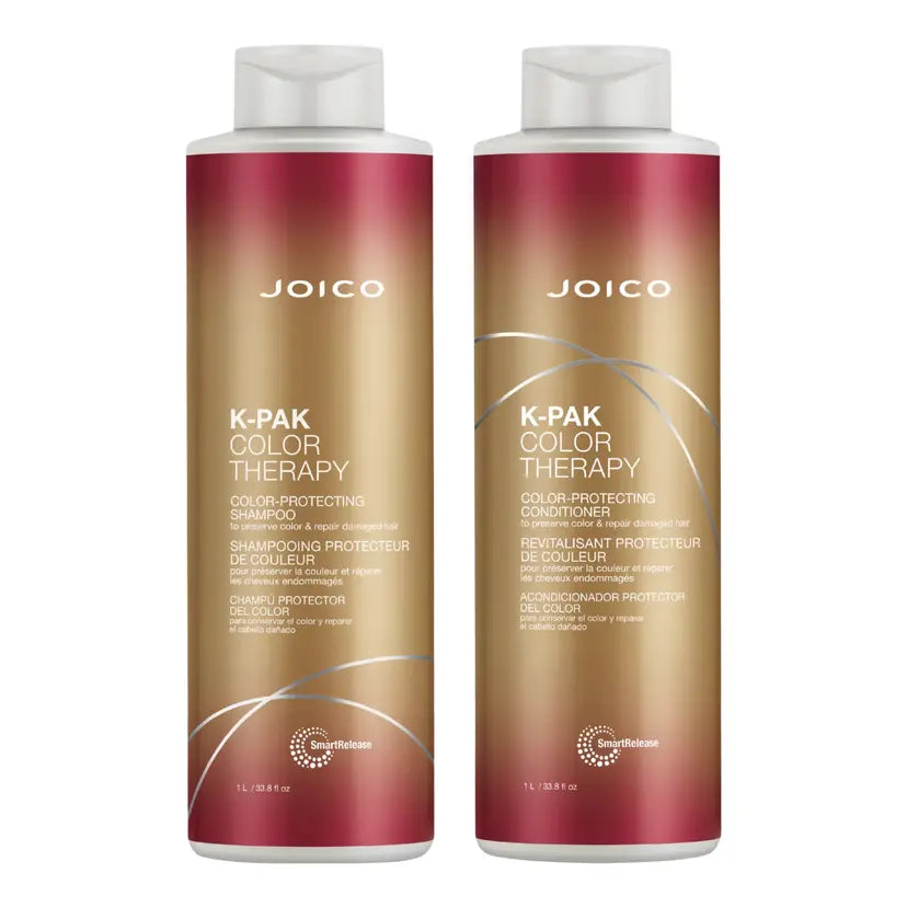 Joico K-PAK Color Therapy shampoo and conditioner bottles, 1L duo, red-gold labels