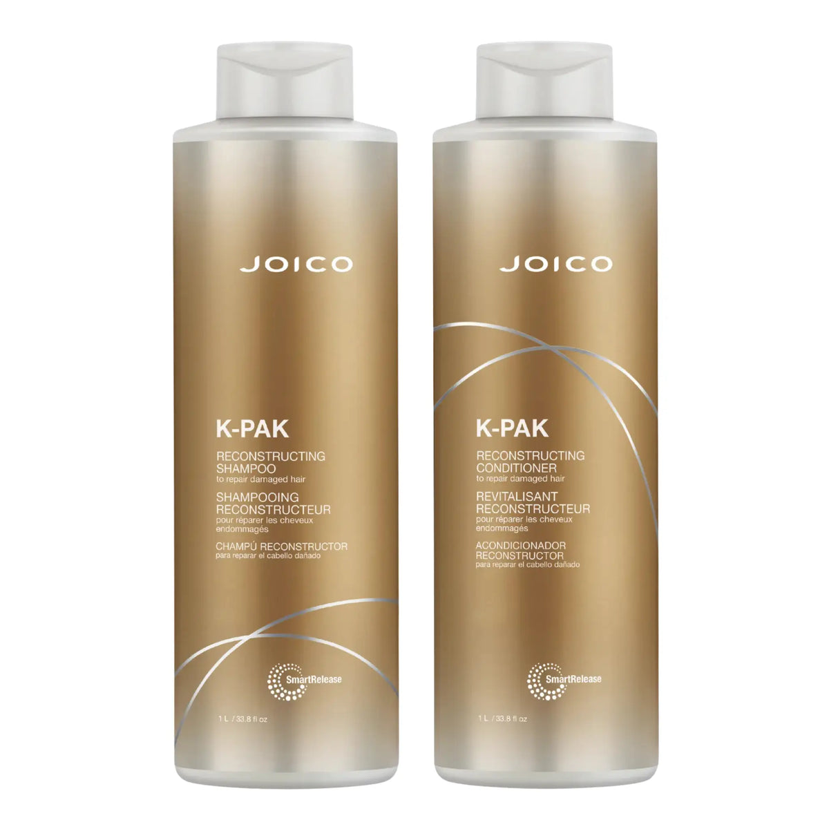 Joico K-PAK reconstructing shampoo and conditioner duo, two amber bottles with white caps