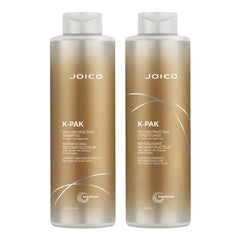 Joico K-PAK reconstructing shampoo and conditioner duo, two amber bottles with white caps