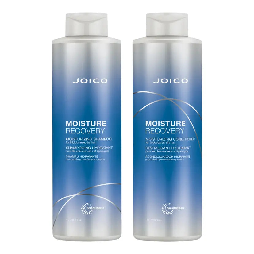 Joico Moisture Recovery shampoo and conditioner duo bottles, blue labels, 1L