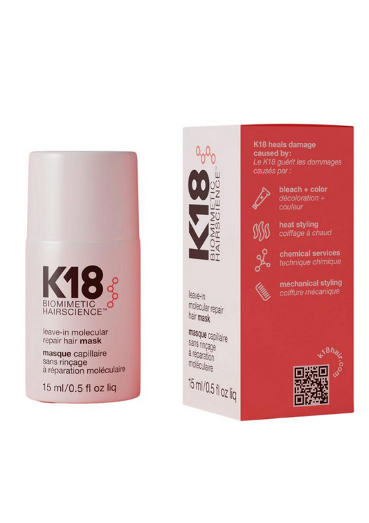 Leave-in hair mask, pink bottle and red K18 Molecular Repair box, 15 ml