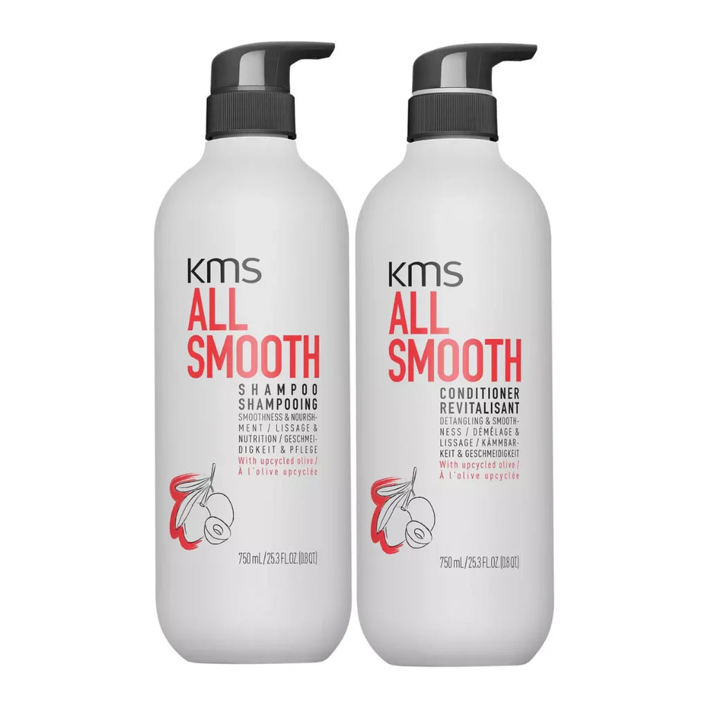 KMS All Smooth shampoo and conditioner duo, two white bottles with black pumps, 750ml