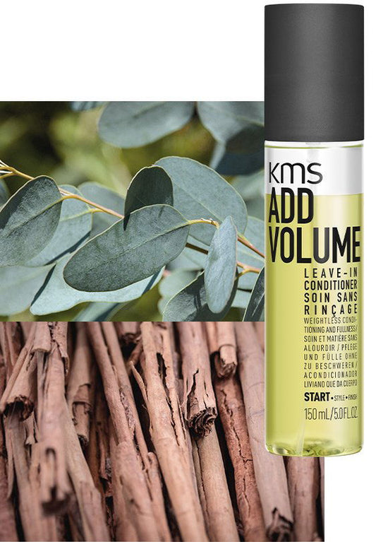 KMS Add Volume leave-in conditioner bottle, 150 ml, tall black cap and pale yellow label