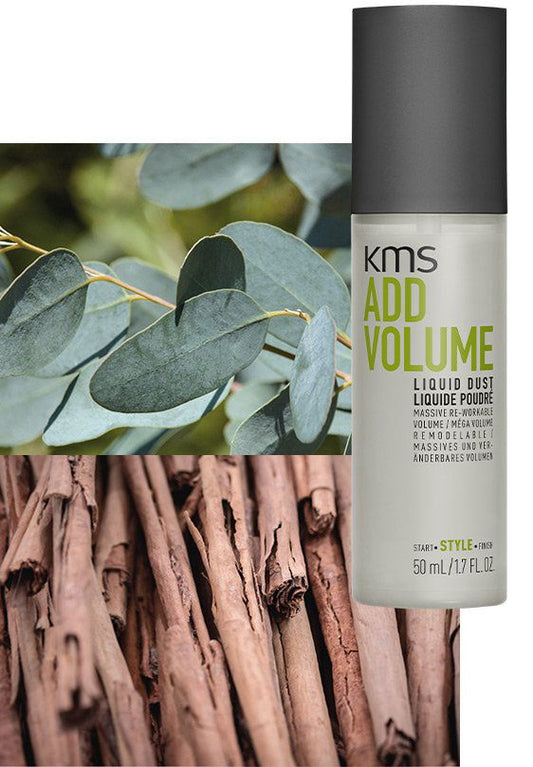KMS Add Volume Liquid Dust bottle with dark pump cap and green label text