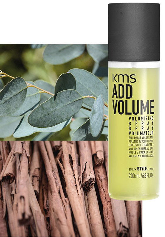 KMS Add Volume volumizing spray bottle with black cap, yellow-green label, 200 ml