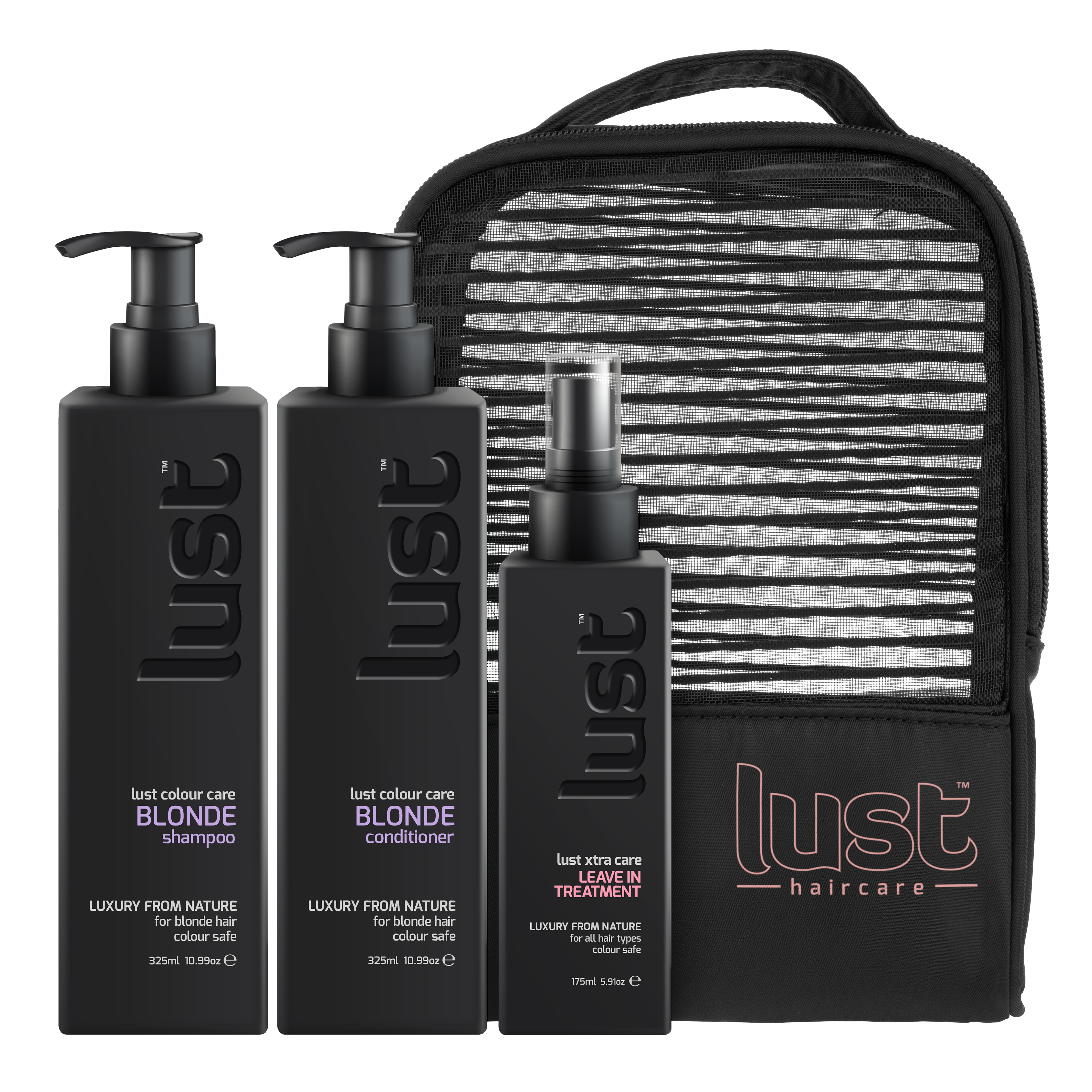 LUST haircare blonde shampoo, conditioner, leave-in set with striped travel pouch