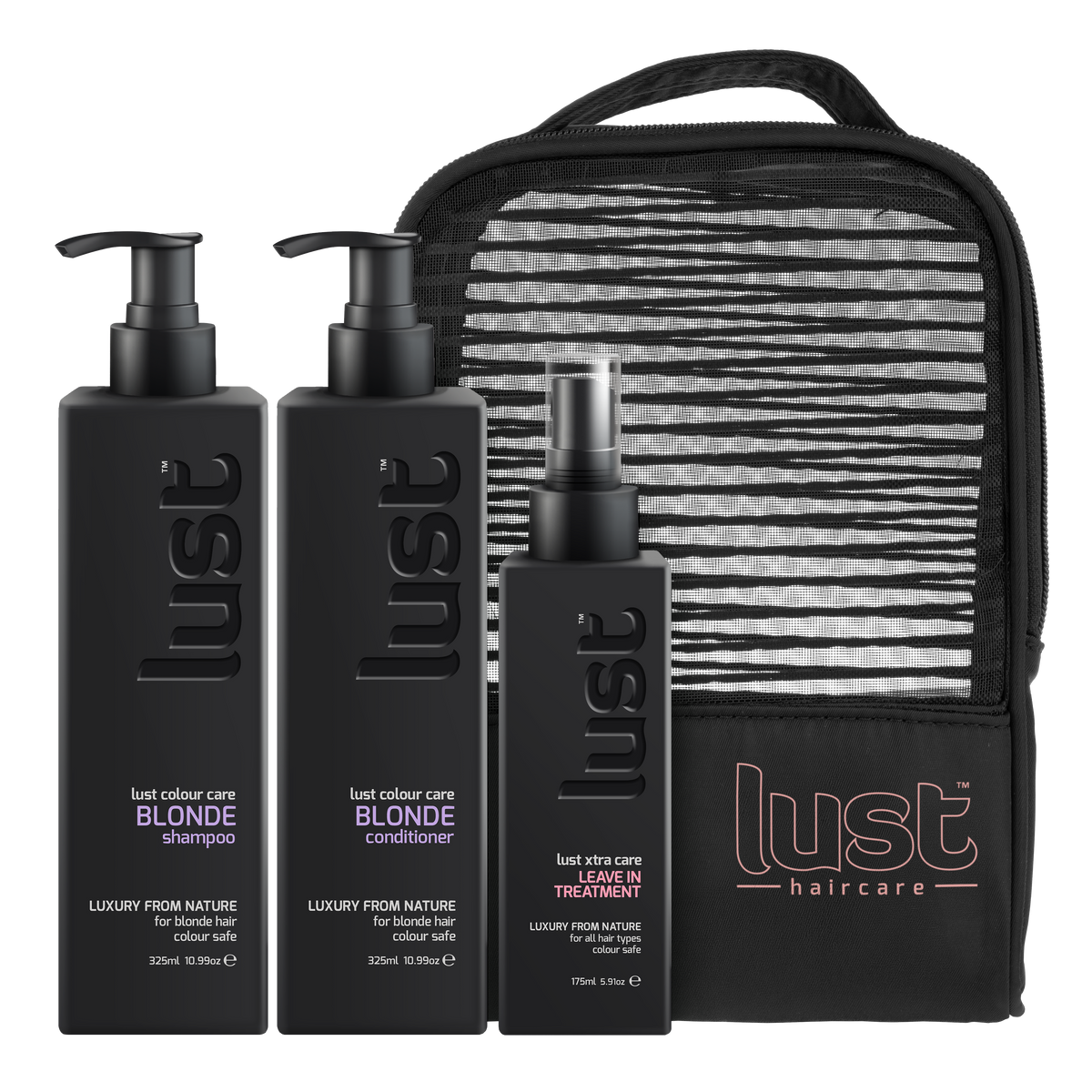 LUST haircare blonde shampoo, conditioner, leave-in set with striped travel pouch