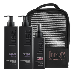 LUST haircare blonde shampoo, conditioner, leave-in set with striped travel pouch