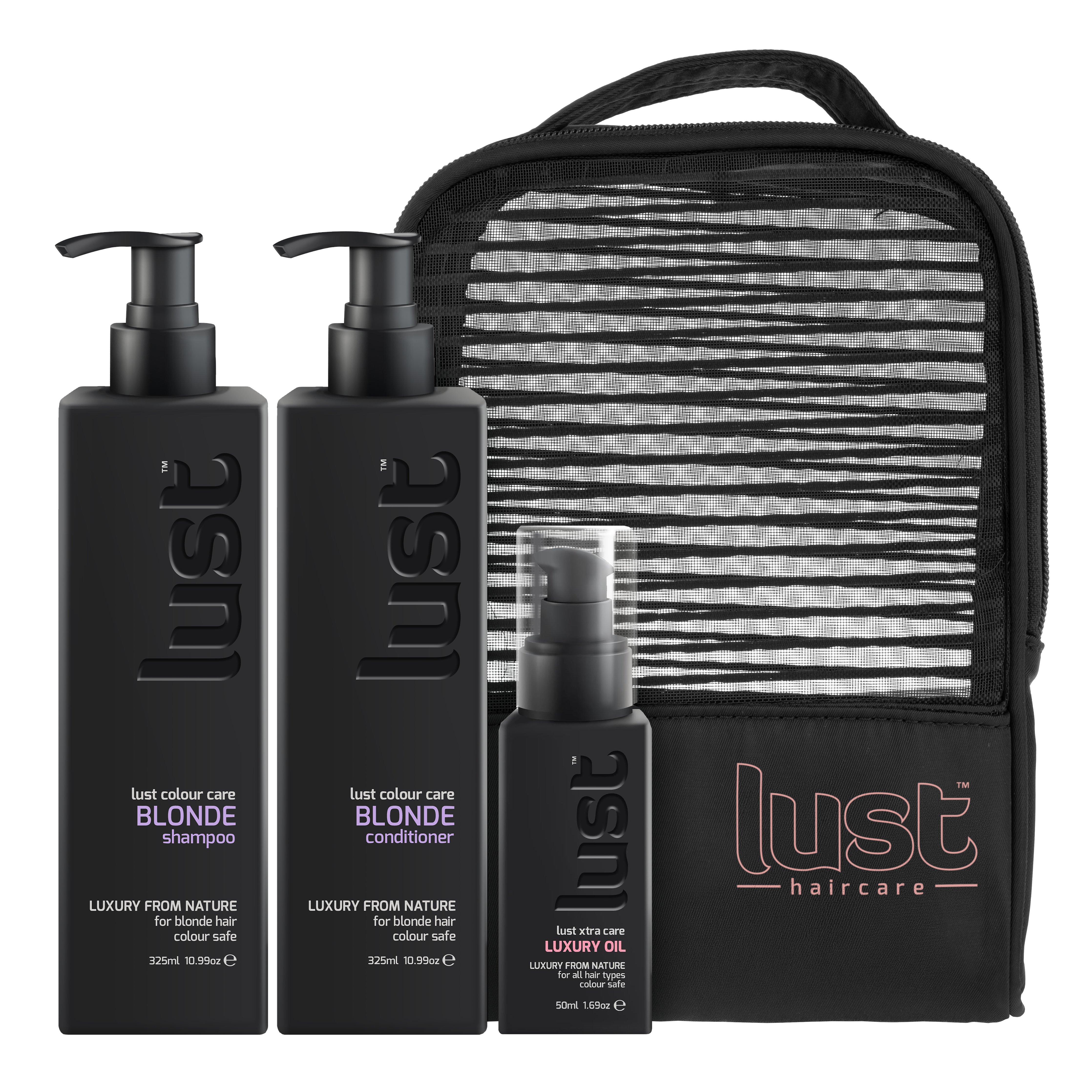 LUST haircare blonde shampoo, conditioner, luxury oil set with striped travel pouch