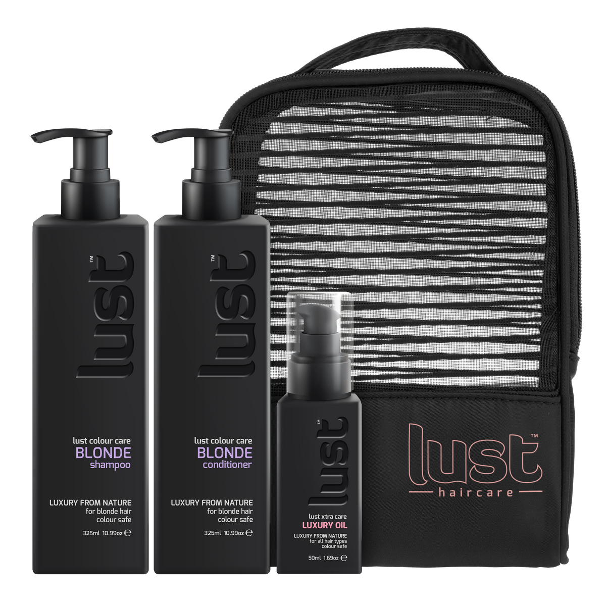LUST haircare blonde shampoo, conditioner, luxury oil set with striped travel pouch
