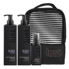 LUST haircare blonde shampoo, conditioner, luxury oil set with striped travel pouch