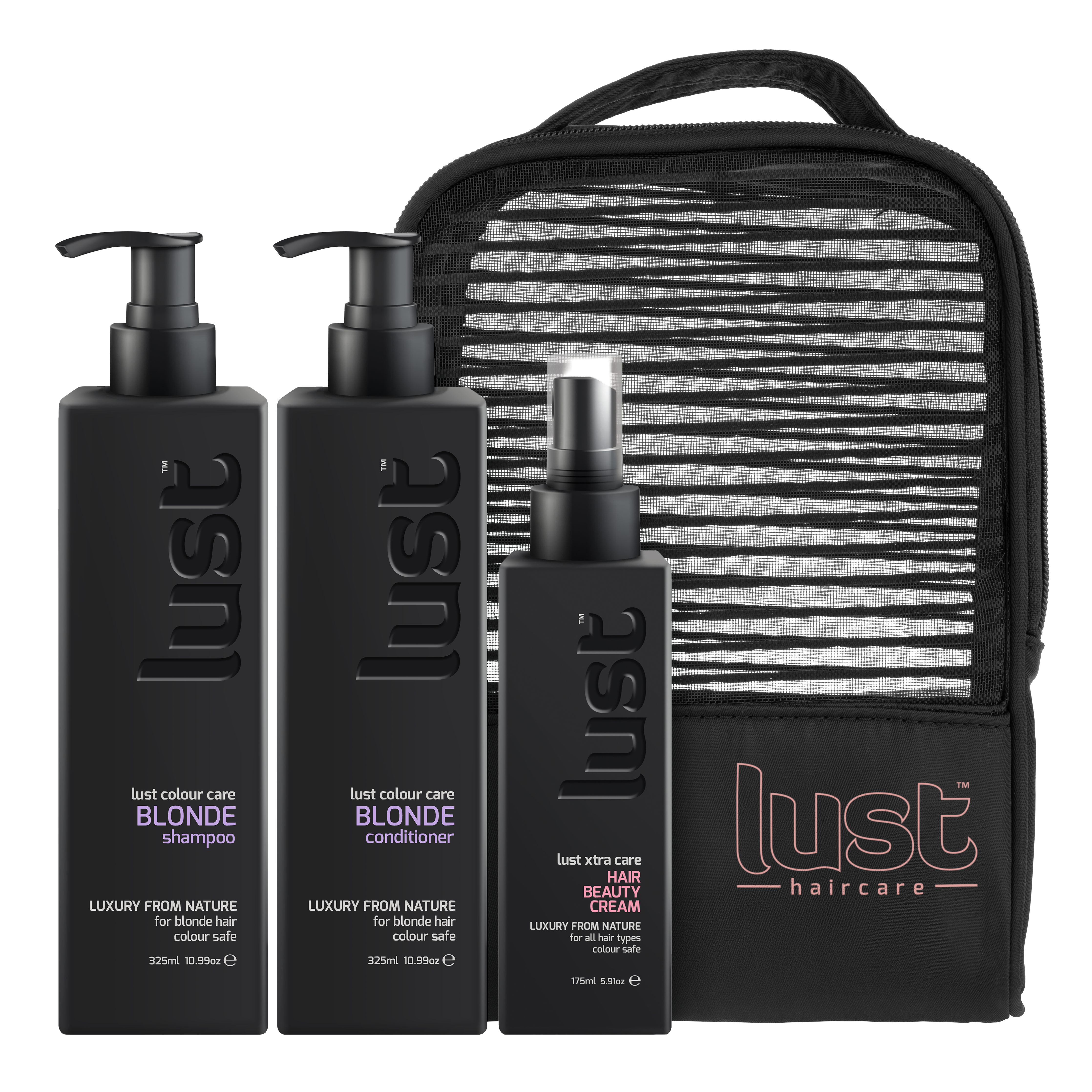LUST blonde haircare gift set with shampoo, conditioner, and beauty cream plus zip pouch