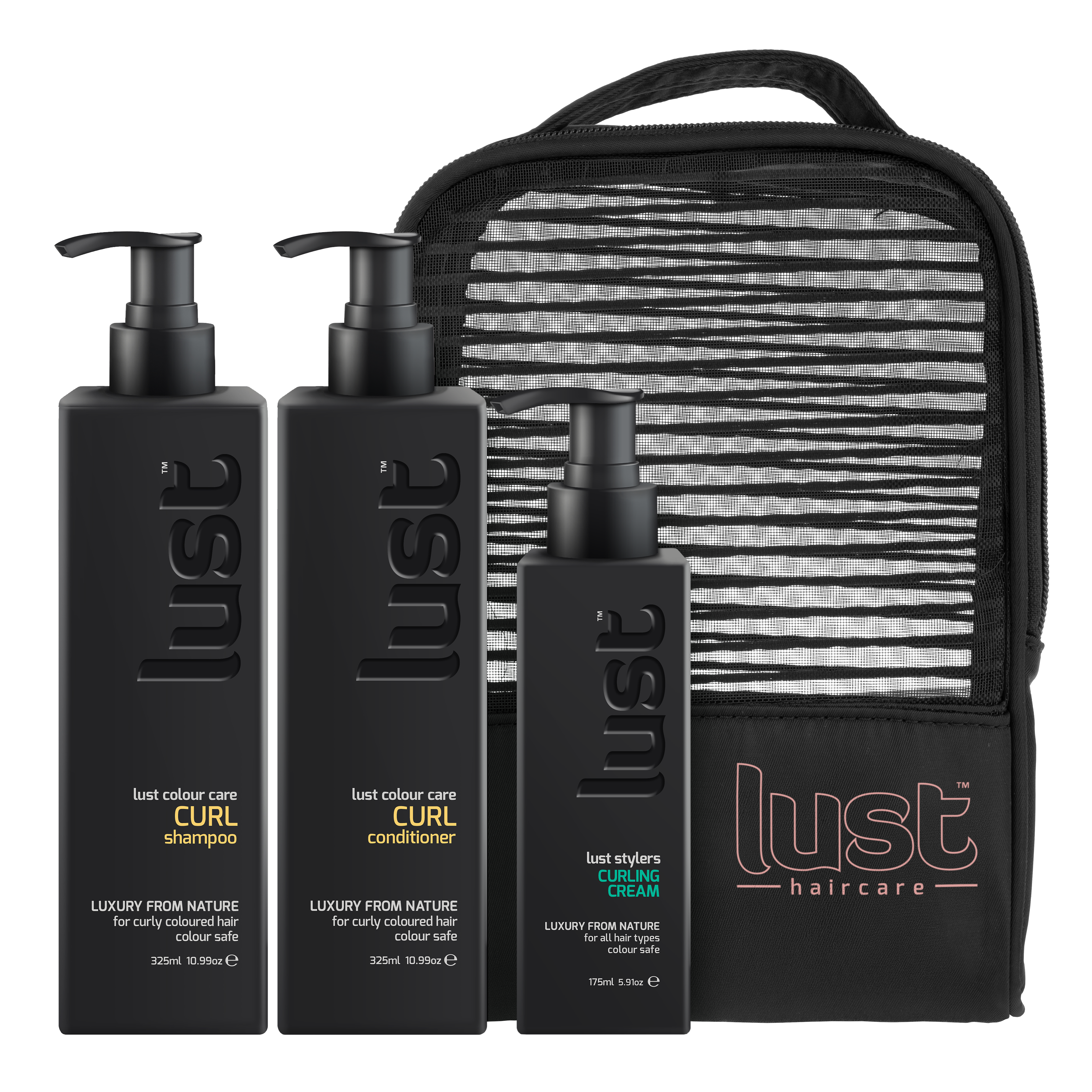 LUST Haircare curl set: shampoo, conditioner, curling cream, with travel pouch