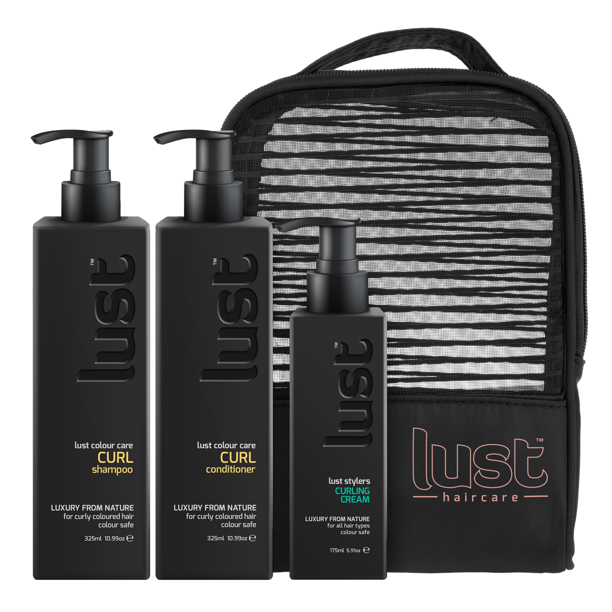 LUST Haircare curl set: shampoo, conditioner, curling cream, with travel pouch