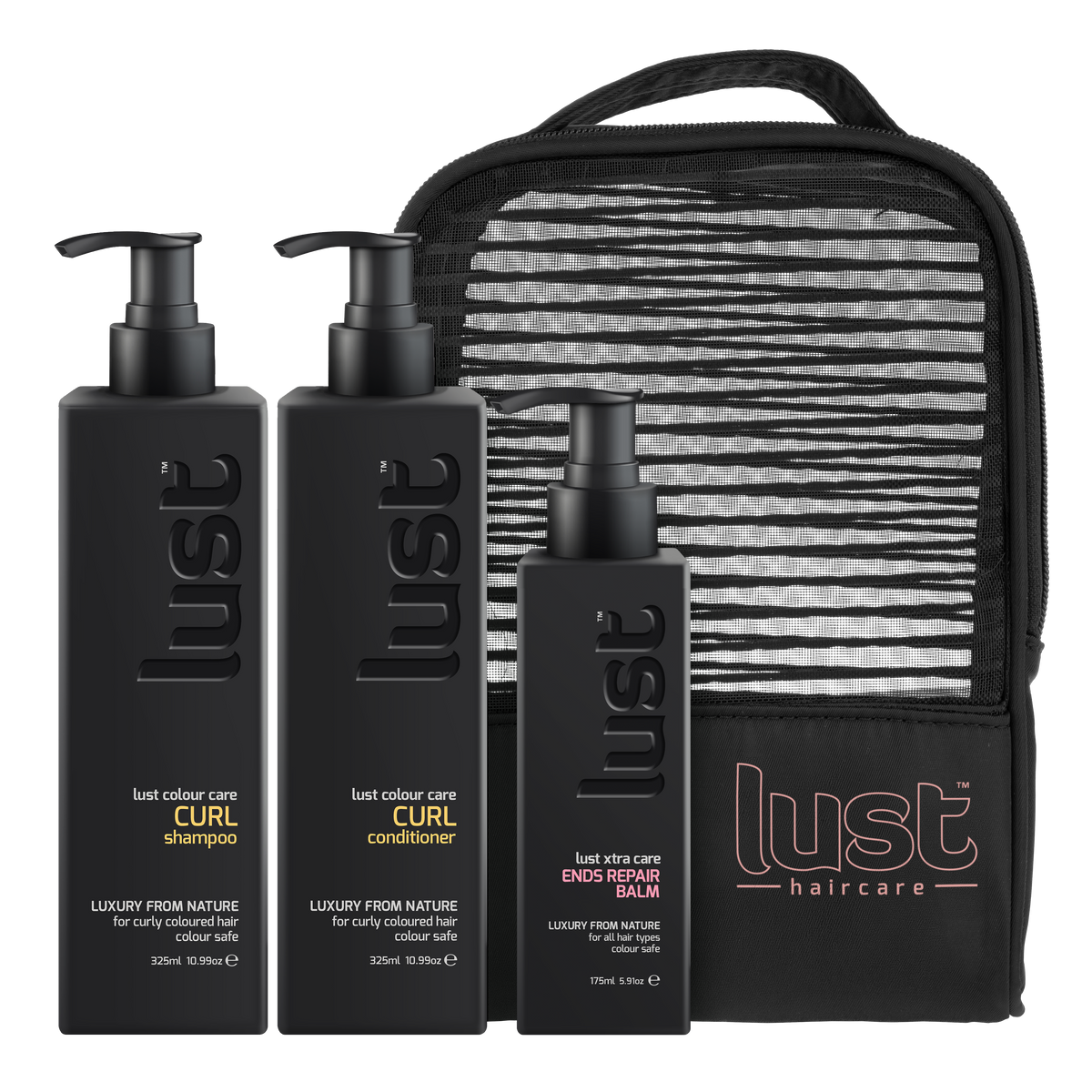 Haircare curl gift set with black shampoo, conditioner, ends balm, and striped travel pouch