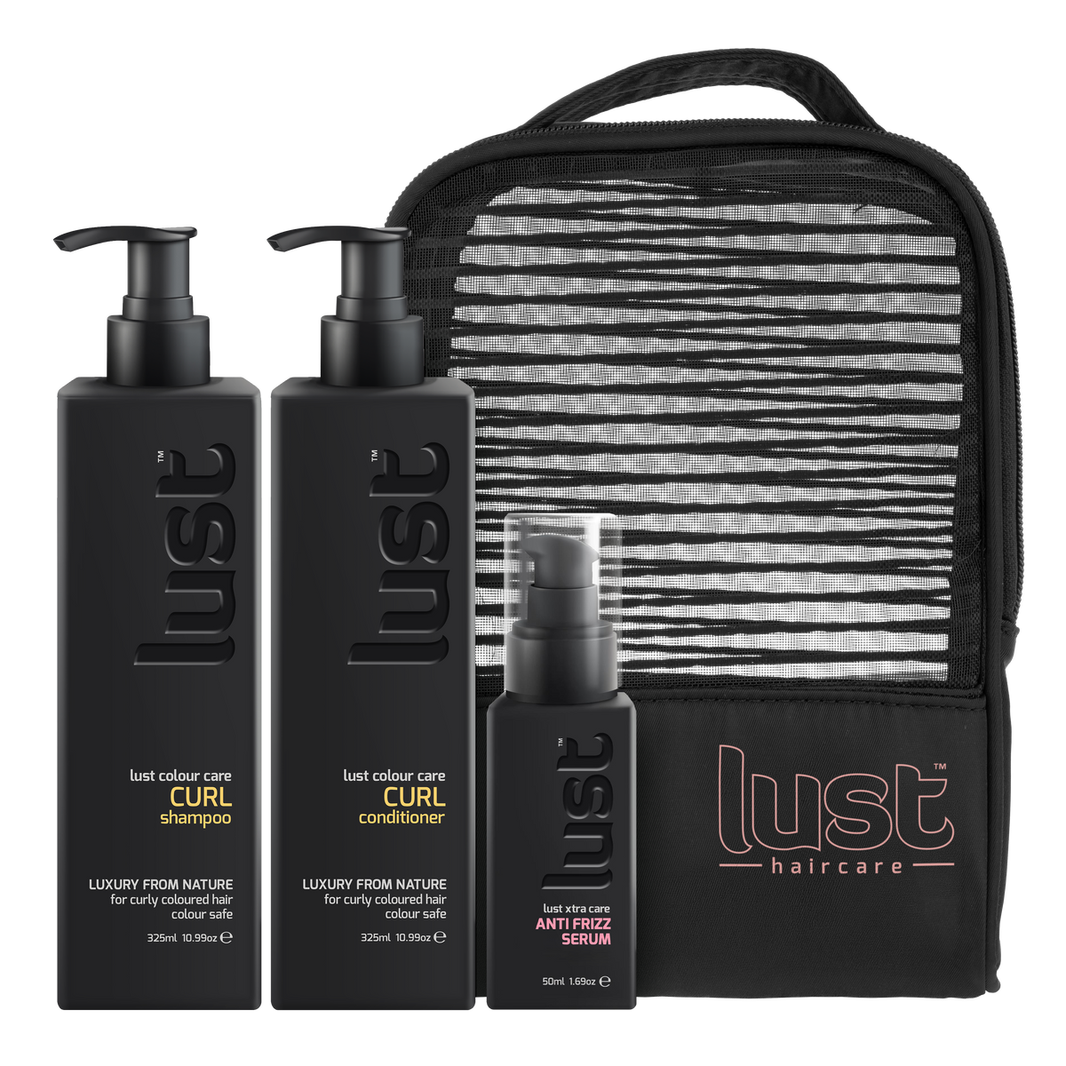 LUST haircare curl gift set: shampoo, conditioner, serum, zip pouch