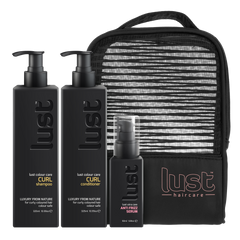 LUST haircare curl gift set: shampoo, conditioner, serum, zip pouch