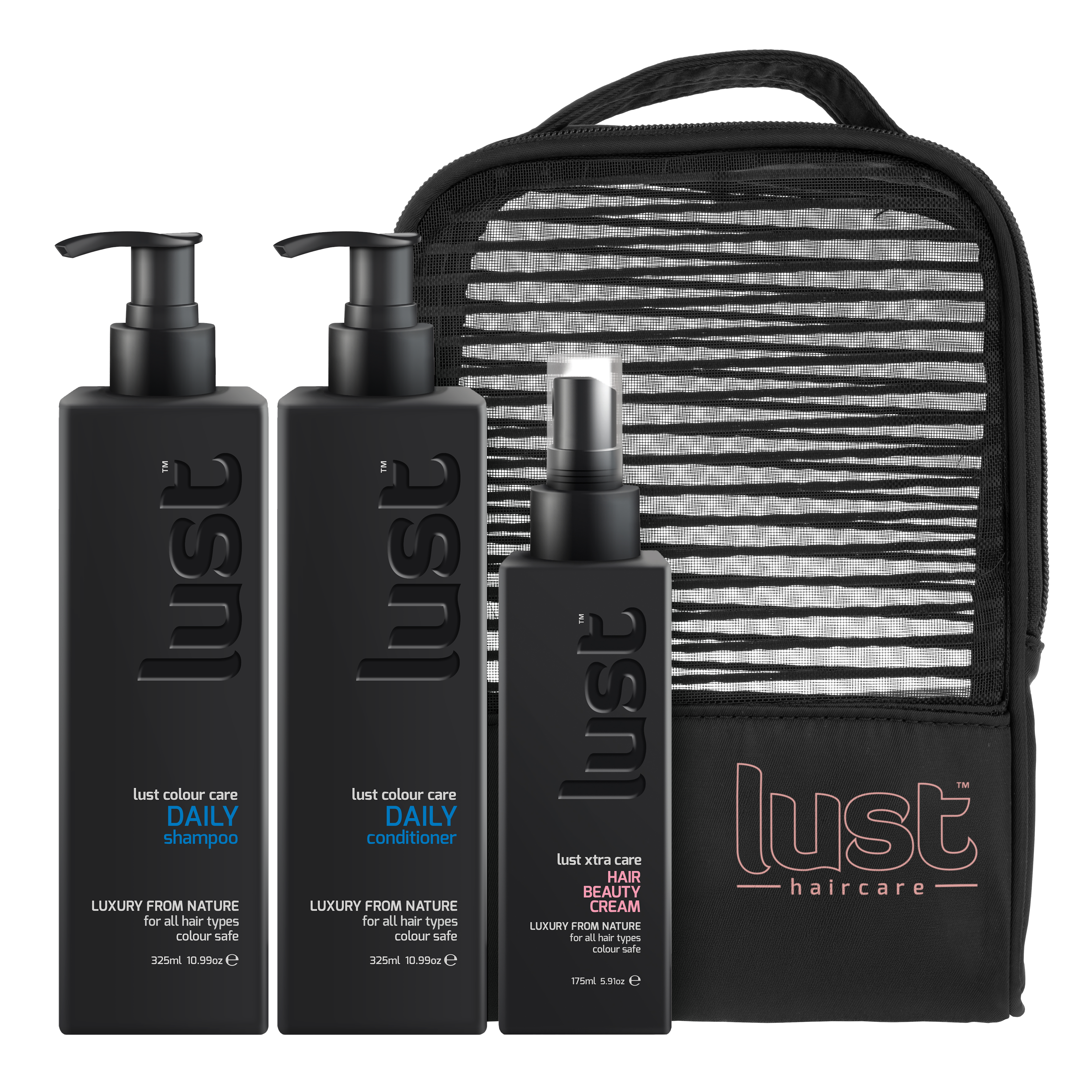 LUST haircare daily shampoo and conditioner set with hair beauty cream and travel pouch