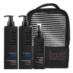 LUST haircare daily shampoo and conditioner set with hair beauty cream and travel pouch
