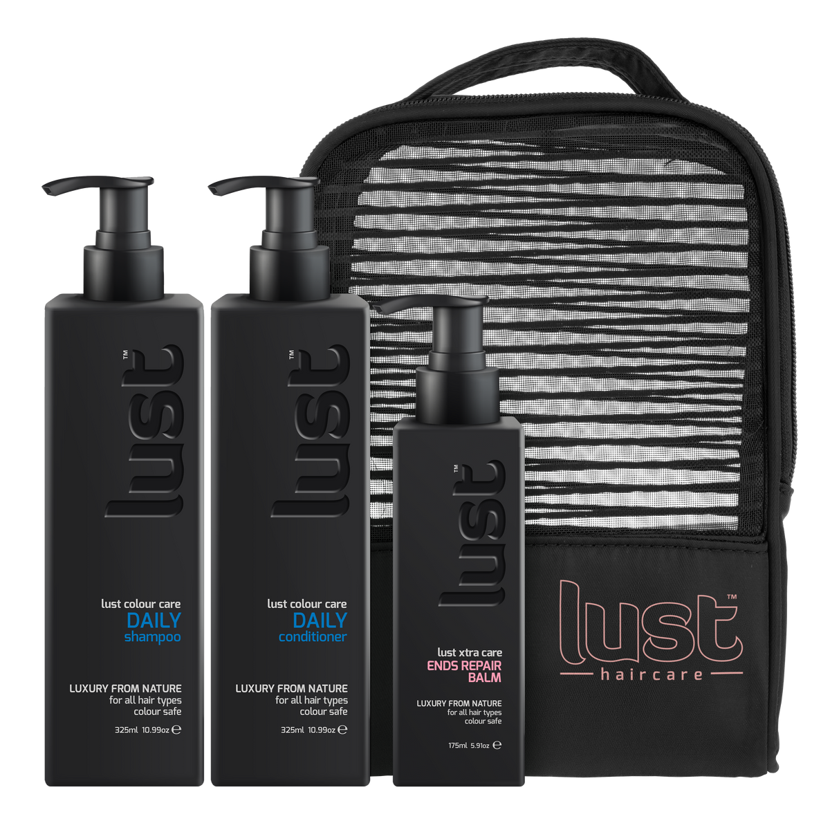 LUST haircare gift set with shampoo, conditioner, balm bottles and pouch