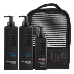 LUST haircare gift set with shampoo, conditioner, balm bottles and pouch