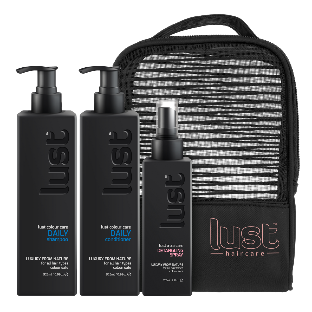 LUST Haircare daily shampoo, conditioner, detangling spray set with zip pouch