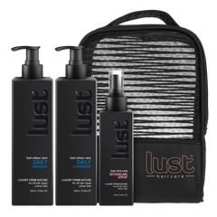 LUST Haircare daily shampoo, conditioner, detangling spray set with zip pouch
